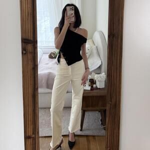Cream Wide Leg Straight-Leg Pants